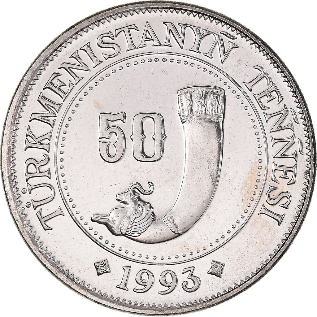 Moeda de 50 Tenne do Turcomenistão | Saparmurat Niyazov | Cornucópia | KM5 | 1993