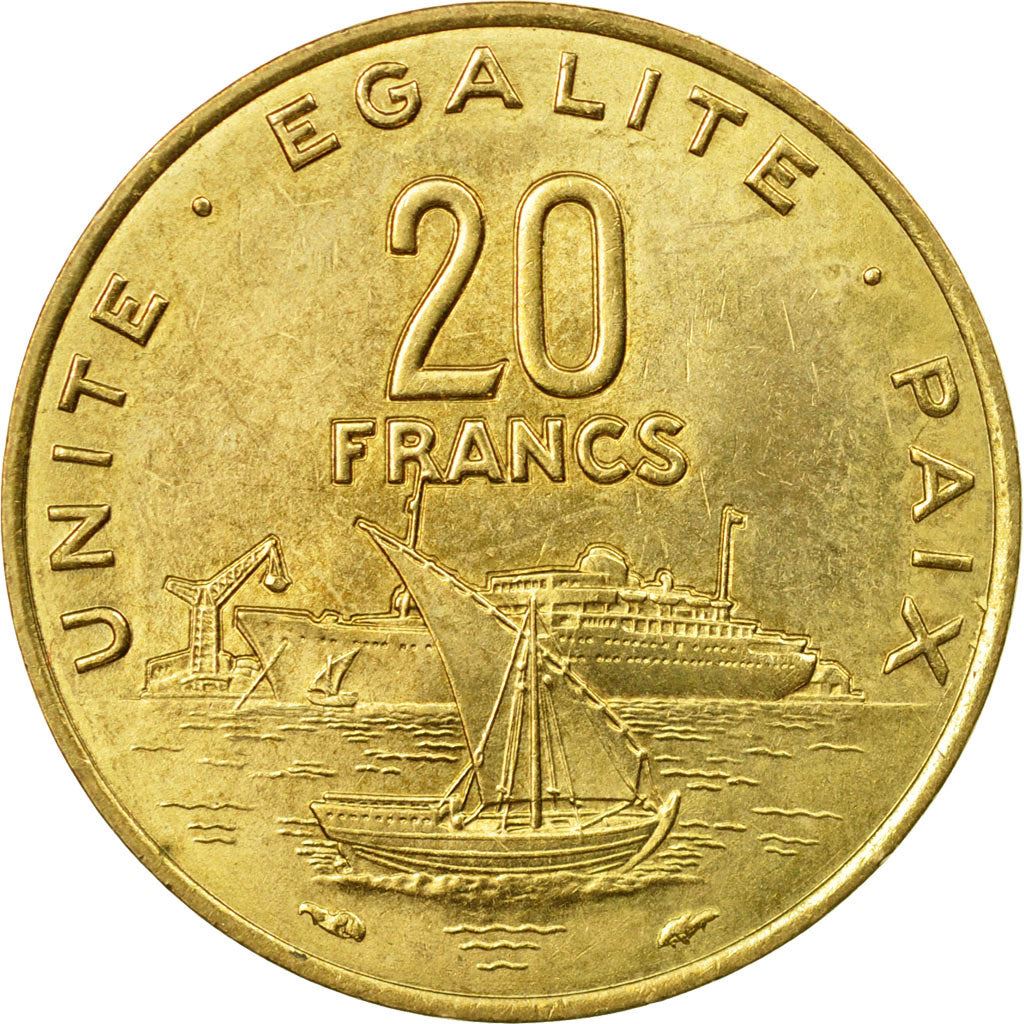 Djibouti | 20 Francs Coin | Knife | Spear | Shield | Dhow | Ocean Liner | Km:24 | 1977 - 2017