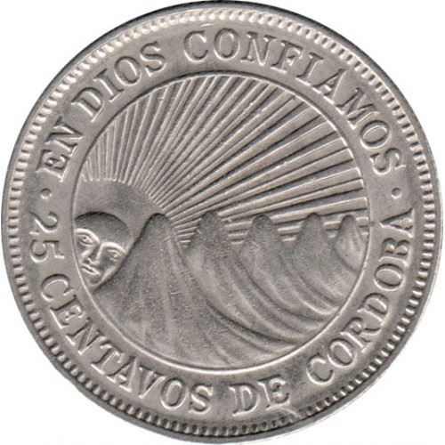 Nicaragua | 25 Centavos Coin | Explorer | Sun | Volcanos | Km:18.3 | 1972 - 1974