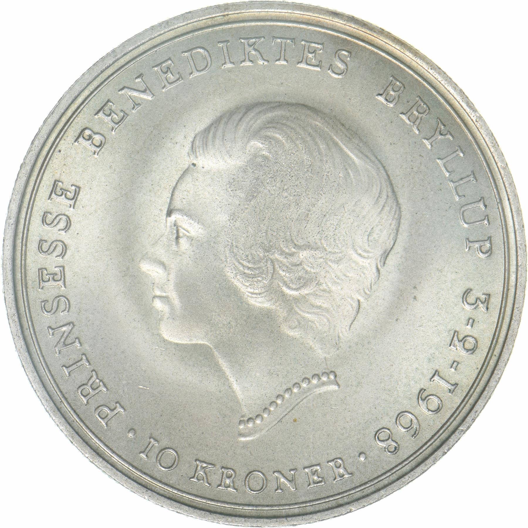 Denmark | 10 Kroner Coin | Silver | Wedding of Princess Benedikte | KM:857 | 1968