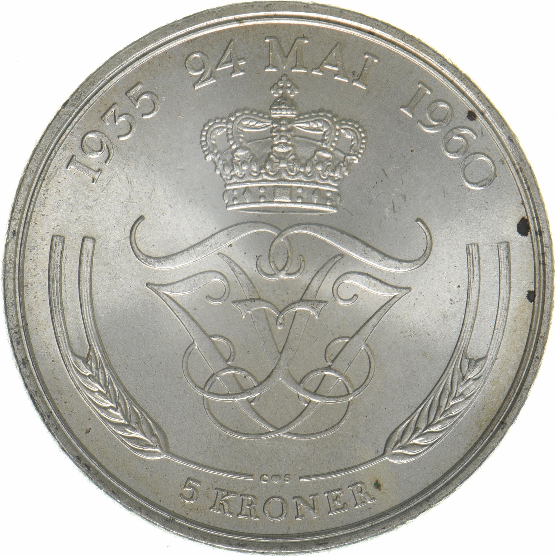 Denmark | 5 Kroner Coin | Silver | Silver Wedding Anniversary | KM:852 | 1960
