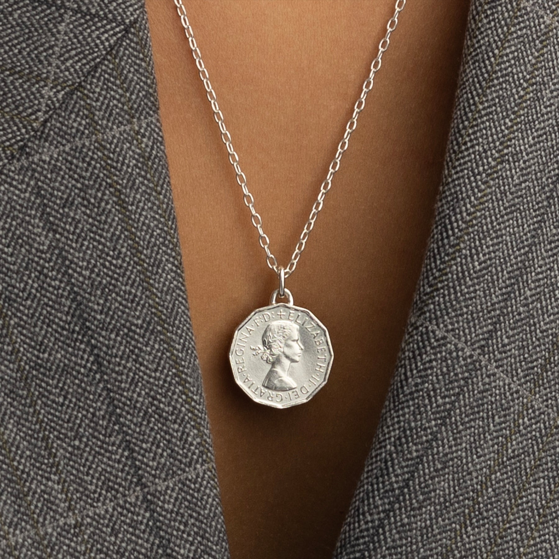 British Coin Necklace | Medallion Pendant Jewelry | Rhodium Plated 3 Pence | Queen Elizabeth II | 1954 - 1970
