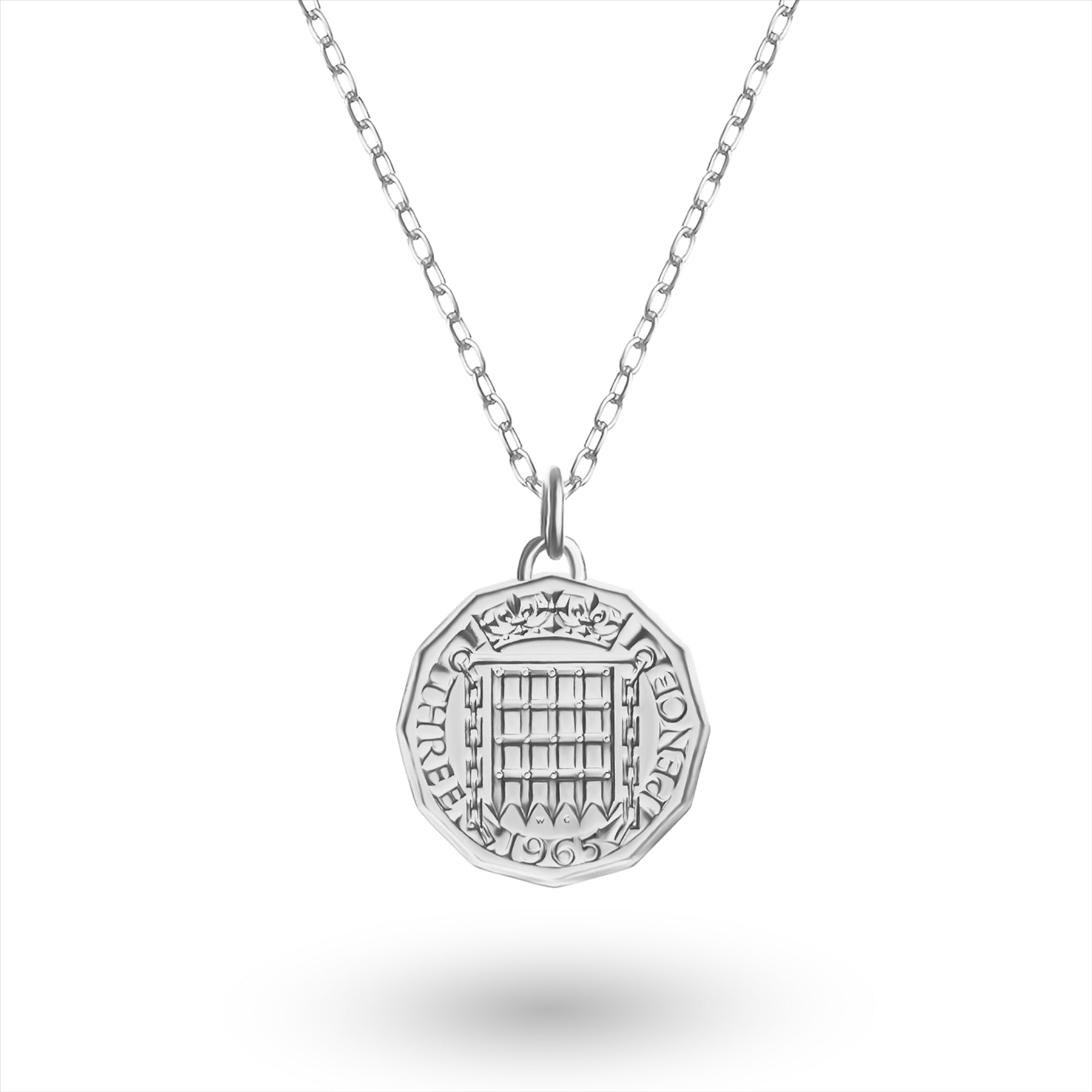 British Coin Necklace | Medallion Pendant Jewelry | Rhodium Plated 3 Pence | Queen Elizabeth II | 1954 - 1970