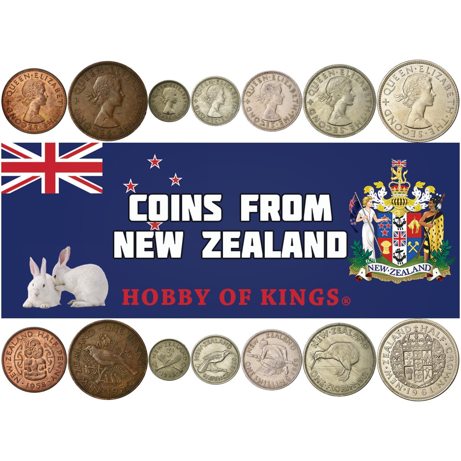 New Zealand | 7 Coin Set | 1/2 1 Penny 3 6 Pence 1 Shilling 1 Florin 1/2 Crown | 1953 - 1965