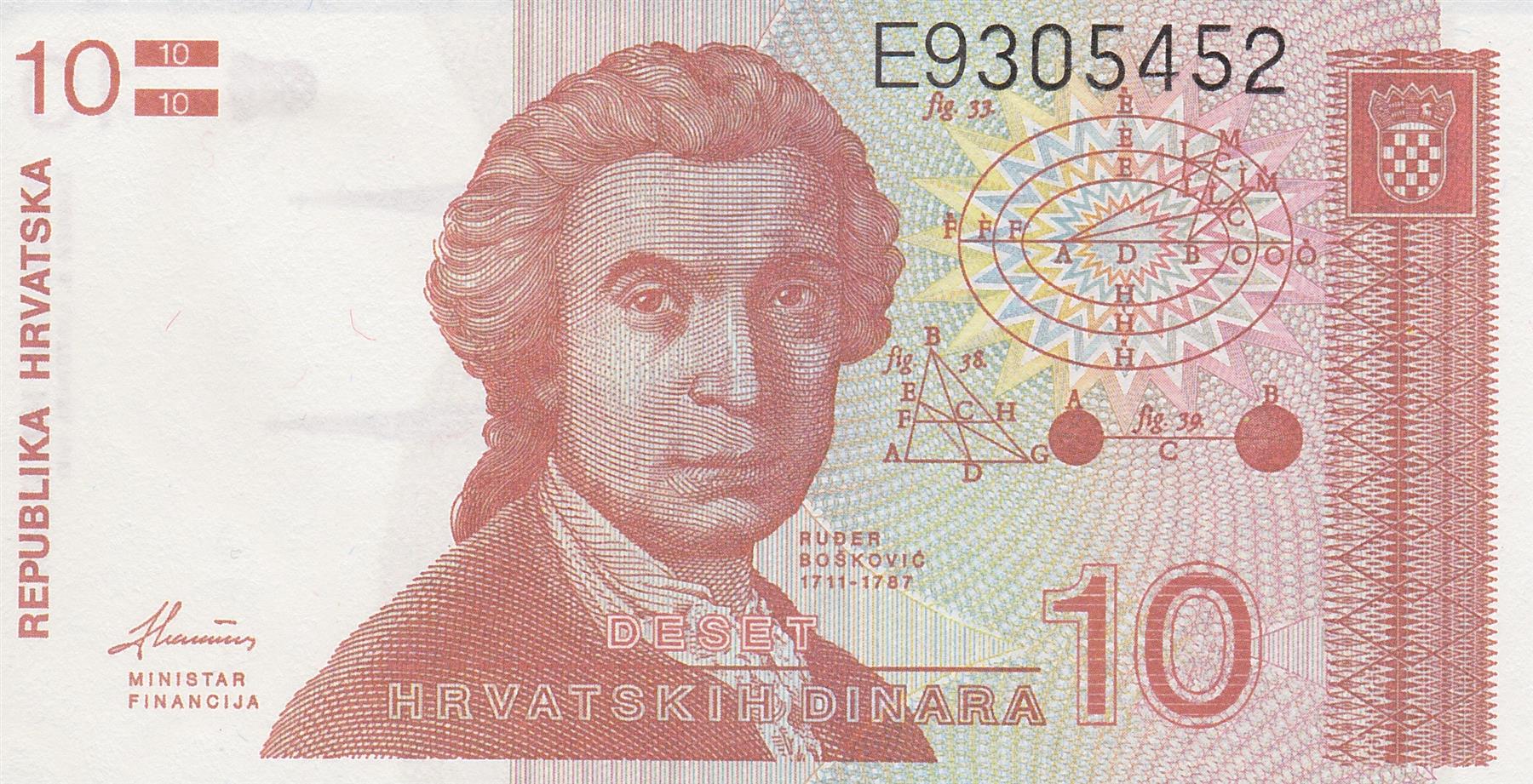 Croatia | 10 Dinara Banknote | 1991 | Ruđer Bošković | Zagreb Cathedral