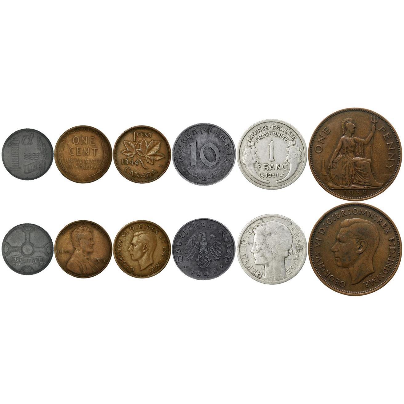 D-Day Coin Collection - Battle of Normandy - 6 Coins - Third Reich, Great Britain, USA, Canada, Free France, Netherlands