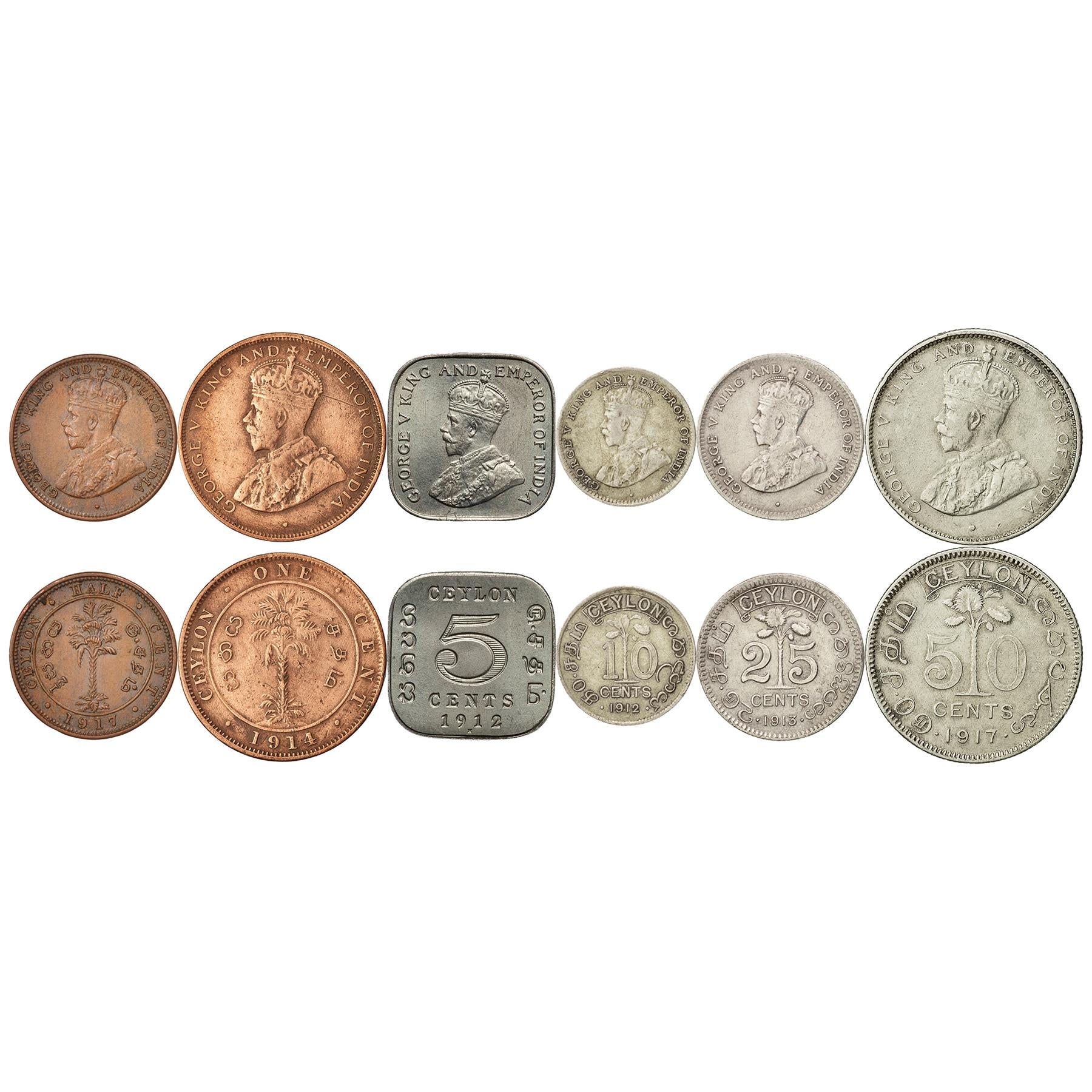 Sri Lankan 6 Coin Set 1/2 1 5 10 25 50 Cents | George V | Palm Trees | Ceylon | 1911 - 1917