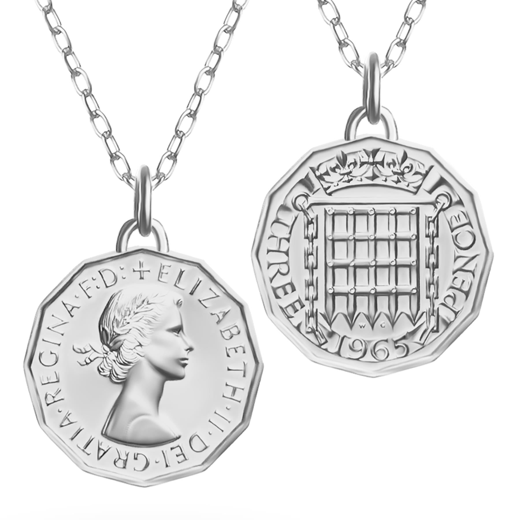 British Coin Necklace | Medallion Pendant Jewelry | Rhodium Plated 3 Pence | Queen Elizabeth II | 1954 - 1970
