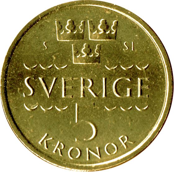 Sweden | 5 Kronor Coin | Crown | Monogram | Waves | Km:930 | 2016