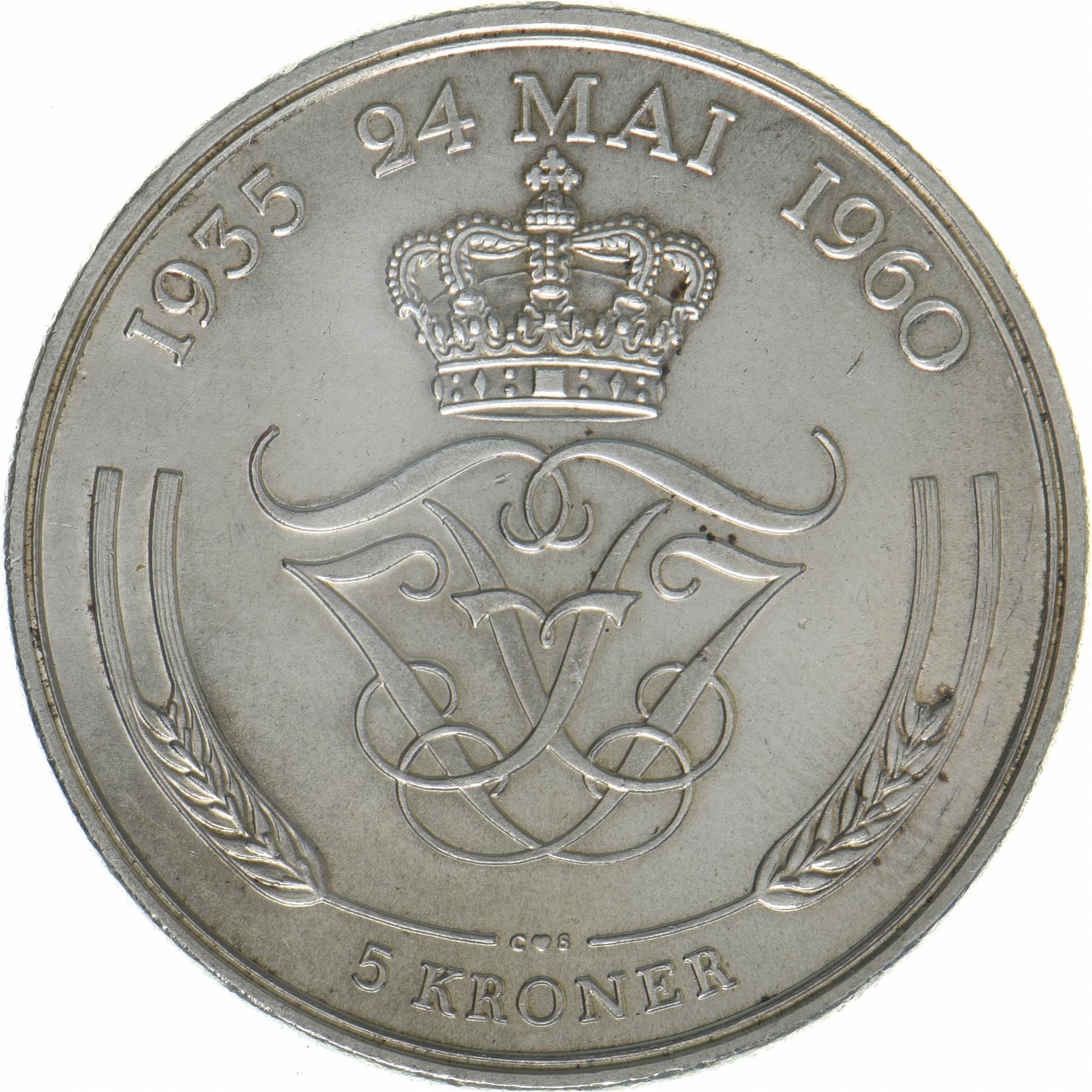 Denmark | 5 Kroner Coin | Silver | Silver Wedding Anniversary | KM:852 | 1960