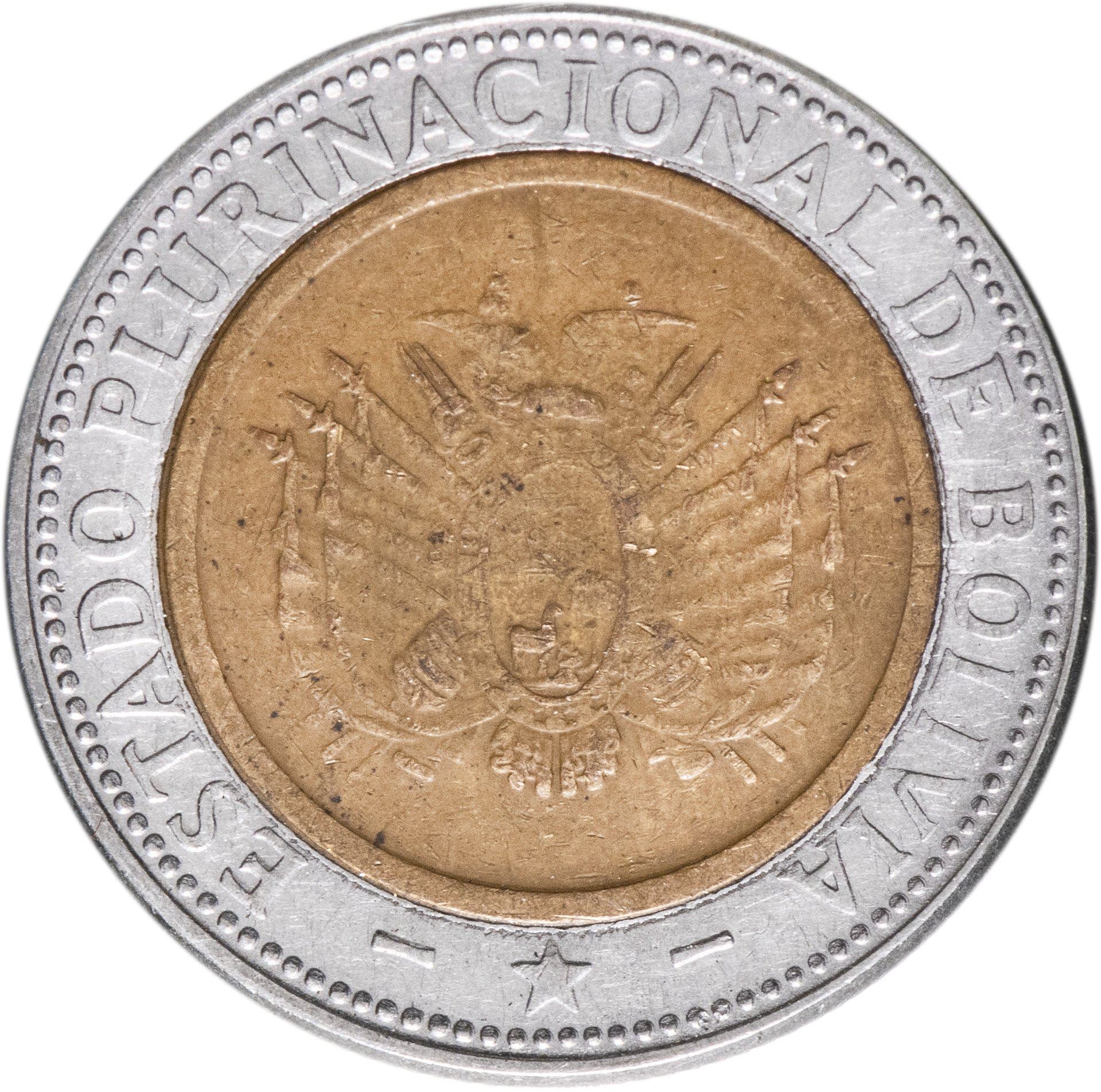 Bolivia | 5 Bolivianos | Bimetallic | Coat of Arms | KM:219 | 2010-2012