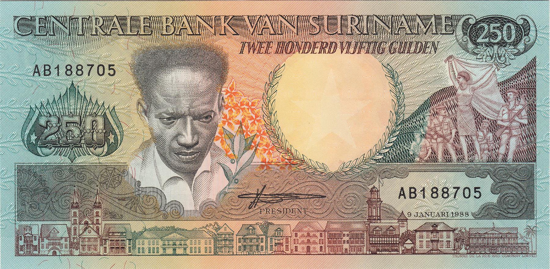 Suriname | 250 Gulden Banknote | 1988 | Anton De Kom | Militia | Buildings | Toucan | Speaker with People