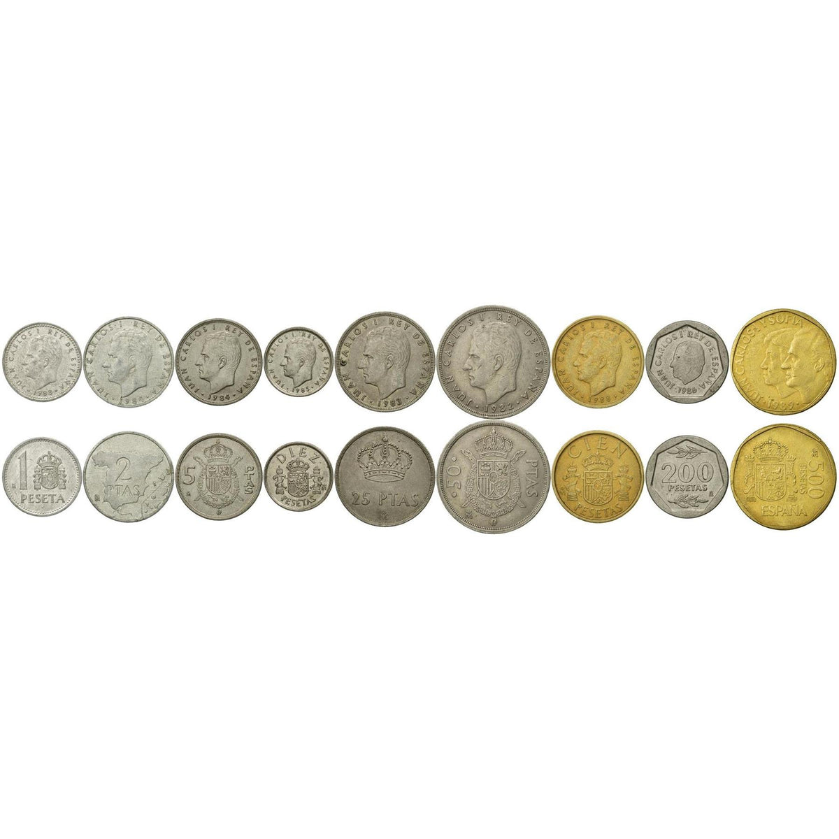 Spain | 9 Coin Set | 1 Peseta 2 5 10 25 50 100 200 500 Pesetas | 1982 - 1990