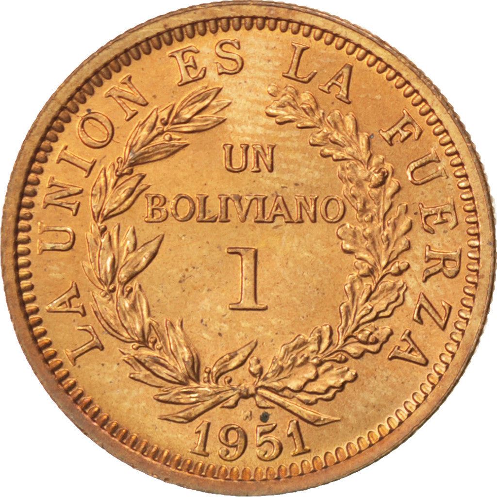 Bolivia | 1 boliviano-mønt | Bronze | Våbenskjold | KM:184 | 1951