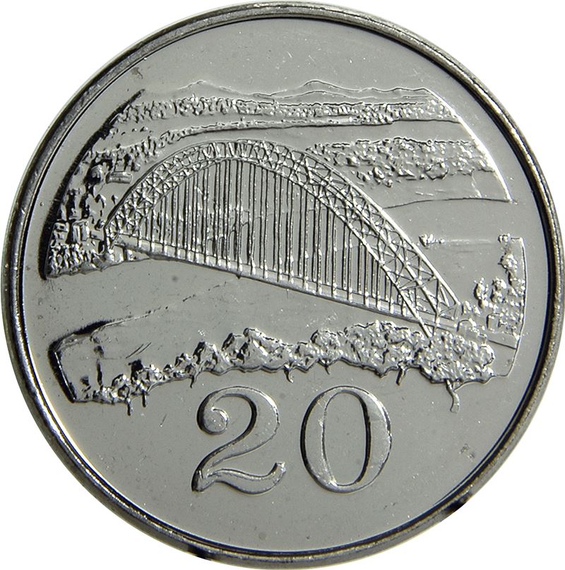 Zimbabwe | 20 Cents Coin | Bateleur Eagle | Birchenough Bridge | Sabi River | KM4a | 2001 - 2003
