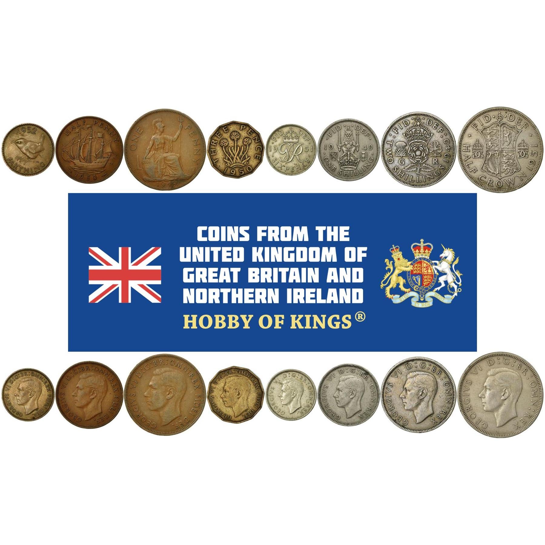 United Kingdom | 8 Coin Set | 1 Farthing 1/2 1 Penny 3 6 Pence 1 Shilling 2 Shillings 1/2 Crown | 1949 - 1952