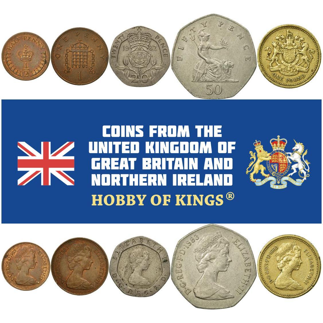 United Kingdom | 5 Coin Set | 1/2 1 Penny 20 50 Pence 1 Pound | 1982 - 1984