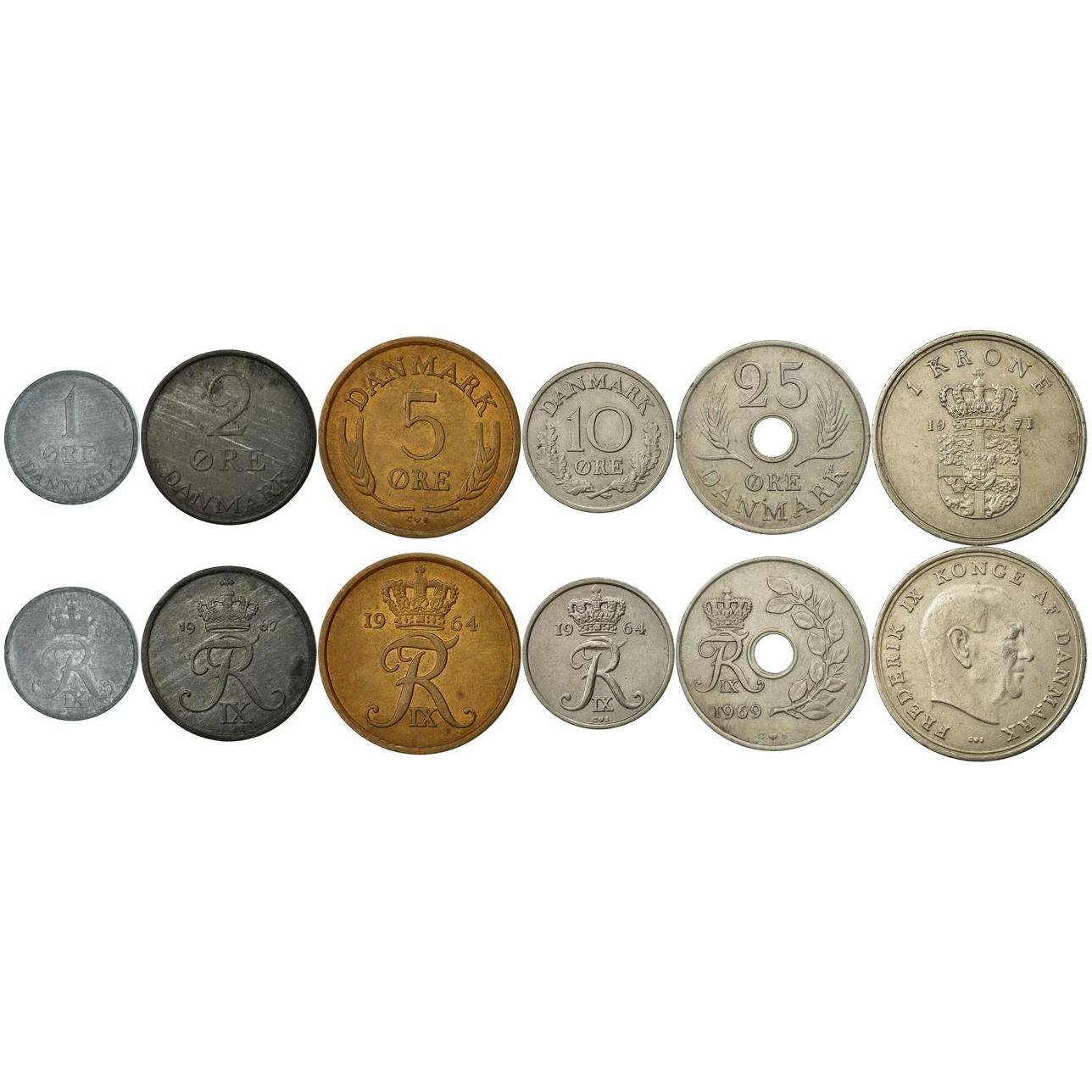 Denmark | 6 Coin Set | 1 2 5 10 25 Ore 1 Krone | 1960 - 1972