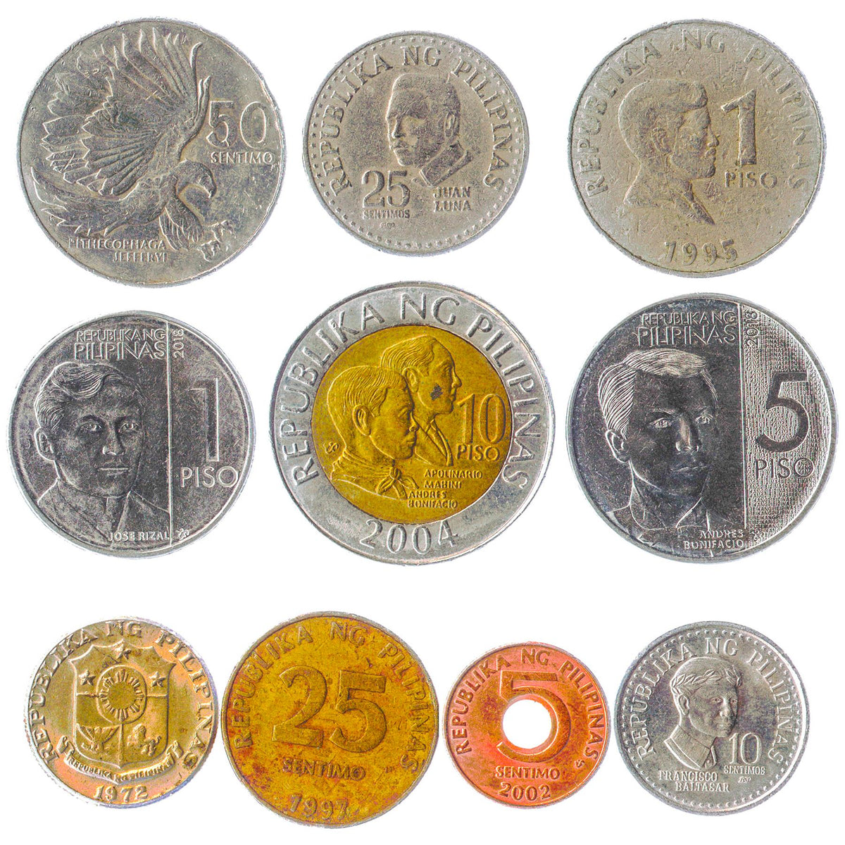 Philippines 10 Mixed Coins | Sentimo | Piso | Famous Figures | 1967 - 2022