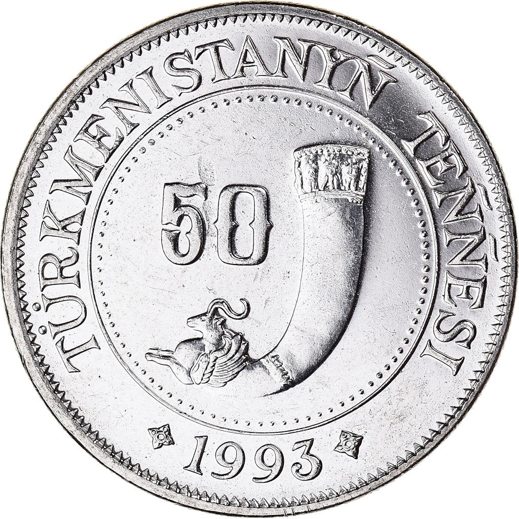 Moeda de 50 Tenne do Turcomenistão | Saparmurat Niyazov | Cornucópia | KM5 | 1993