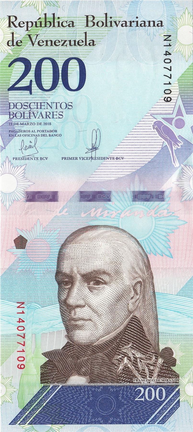 Venezuela | 200 Bolivares Banknote | 2018 | Francisco de Miranda | Military Macaw | Waraira Repano National Park