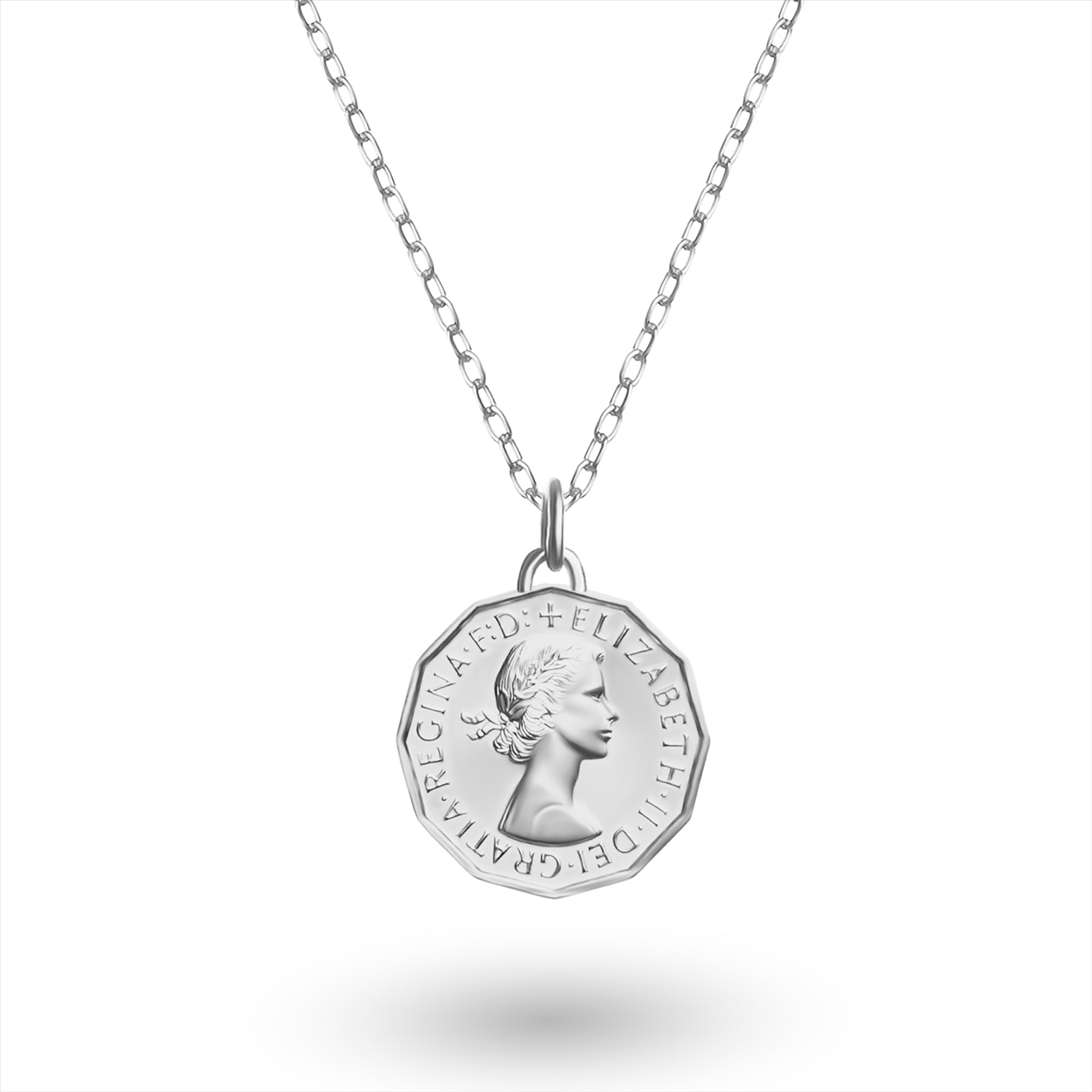 British Coin Necklace | Medallion Pendant Jewelry | Rhodium Plated 3 Pence | Queen Elizabeth II | 1954 - 1970