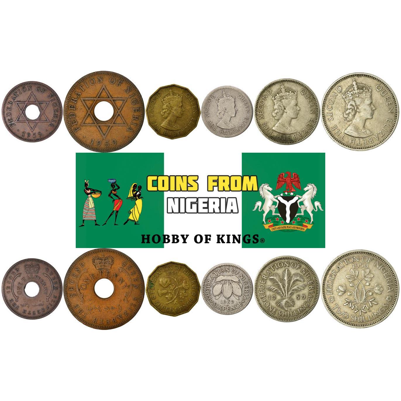 Нигерия | Набор из 6 монет | 1/2, 1 пенни, 3, 6 пенсов, 1 шиллинг, 2 шиллинга | 1959 - 1962