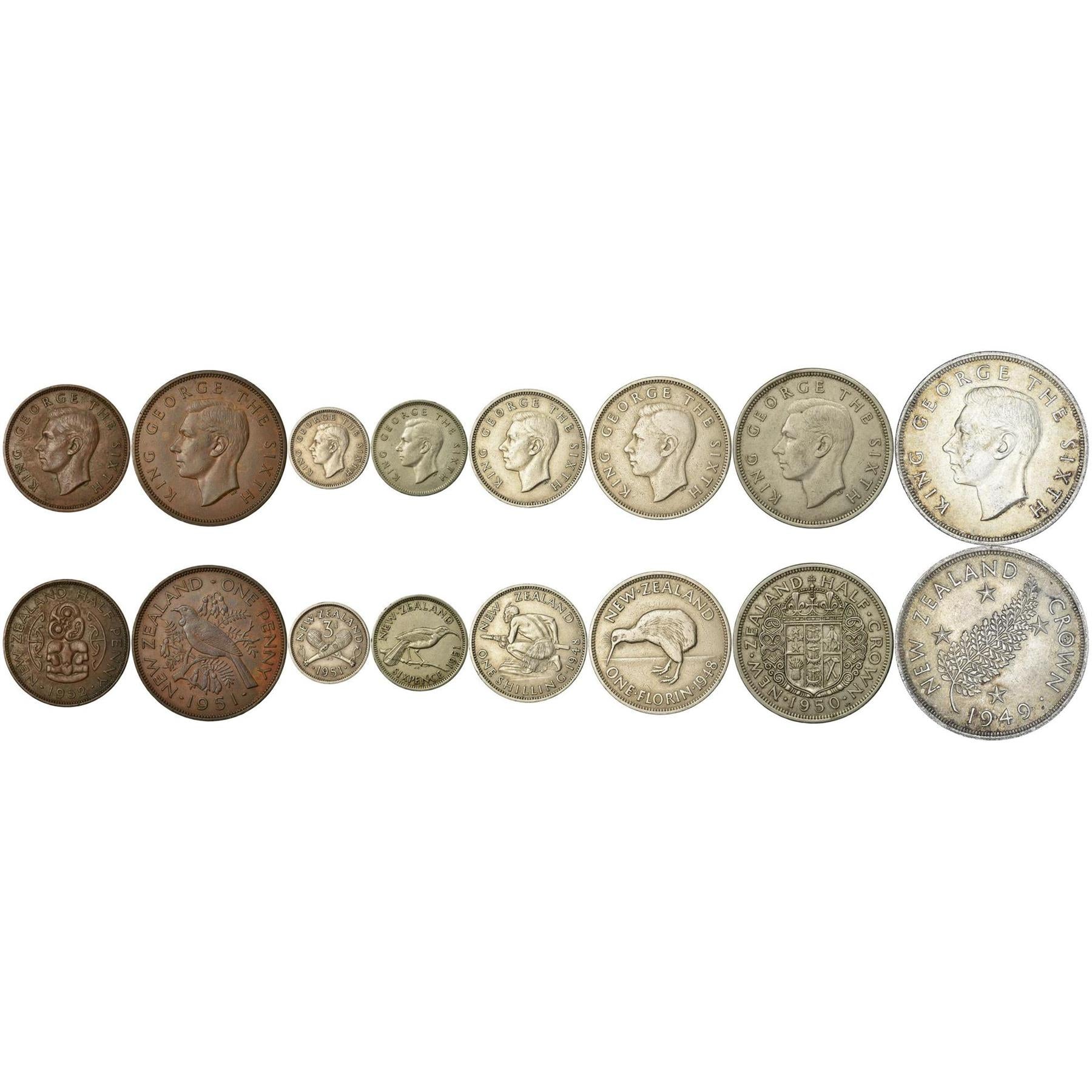 Neuseeland | 8 Münzsatz | 1/2 1 Penny 3 6 Pence 1 Schilling 1 Florin 1/2 1 Krone | 1948 - 1952