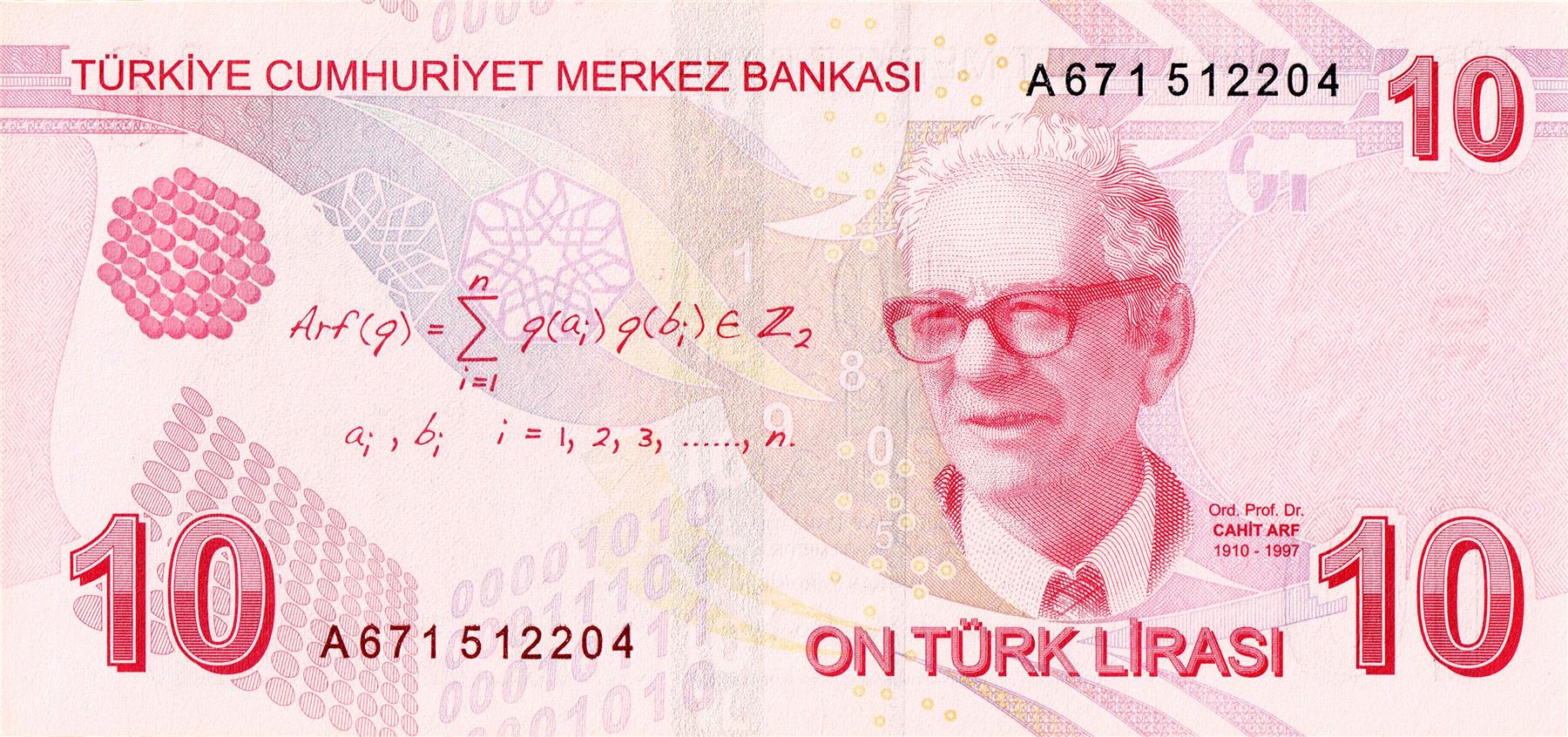Turkey | 10 Lira Banknote | 2009 - 2025 | President Mustafa Kemal Atatürk | Ord. Prof. Dr. Cahit Arf | Arf Invariant | Arithmetic Series | Abacus | Binary Sequence