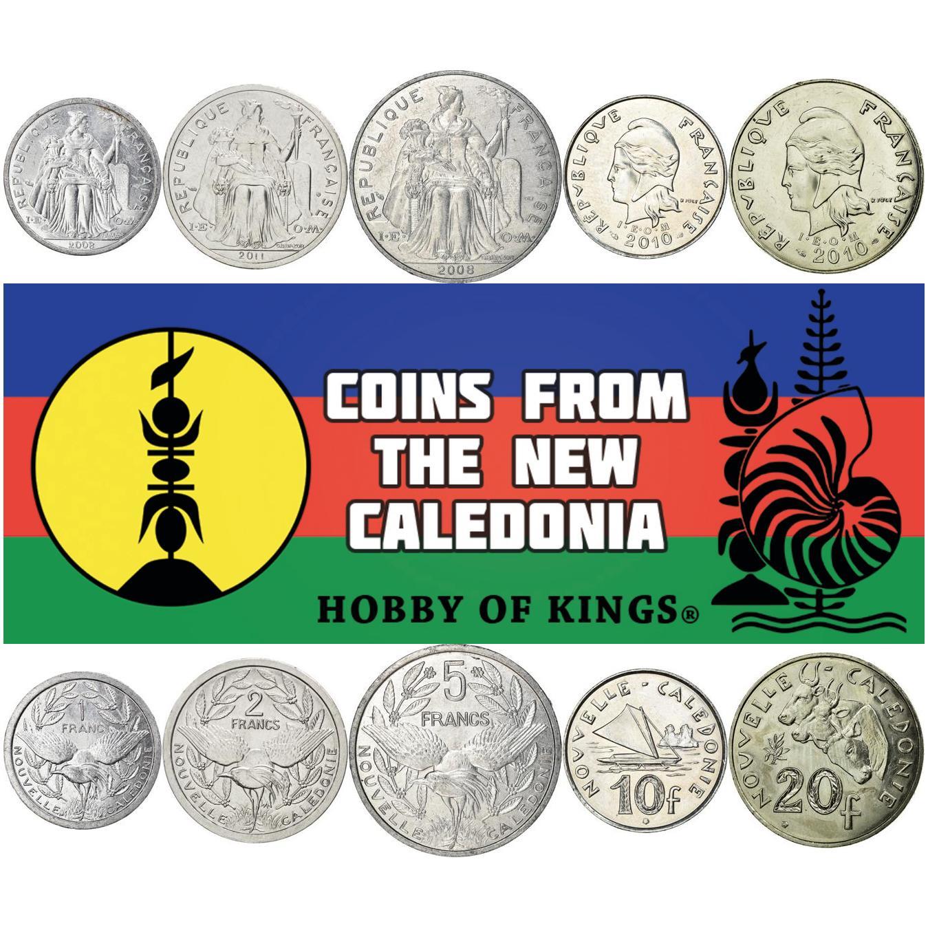 New Caledonia | 5 Coin Set | 1 Franc 2 5 10 20 Francs | Liberty | Kagu Bird | Marianne | Sailing Boat | Ox Heads | 2006 - 2020
