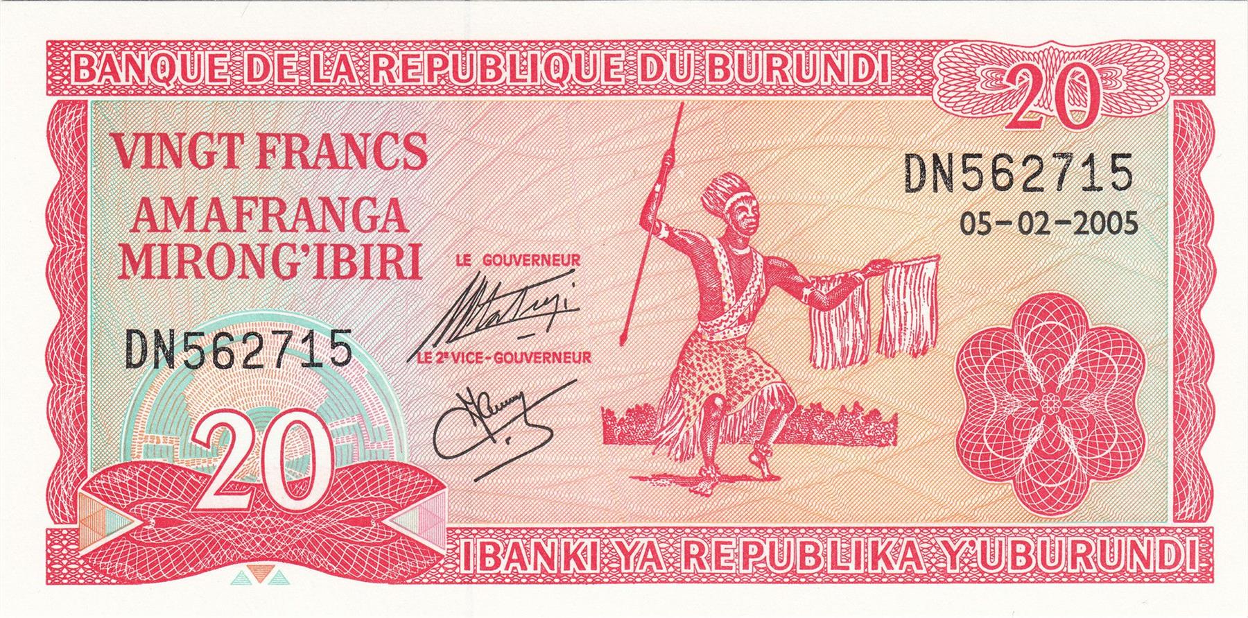 Burundi | 20 Francs Banknote | 1977 - 2007 | Native Dancer | Spears | Shield