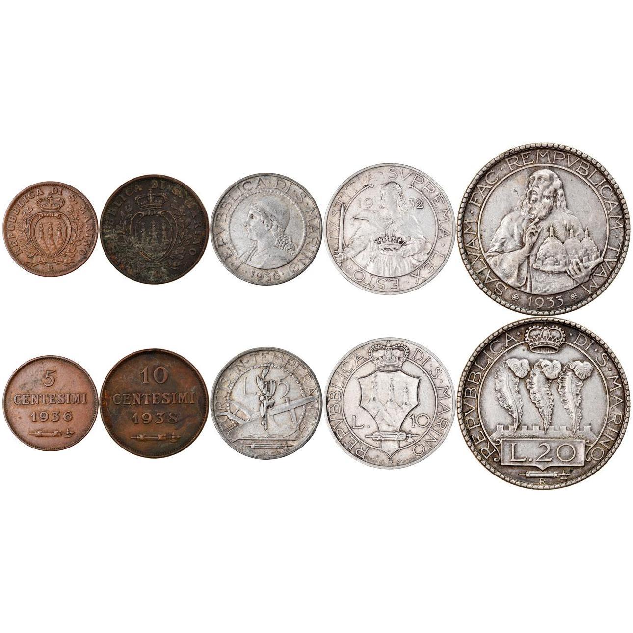 San Marino | 5 Coin Set | 5 10 Centesimi 5 10 20 Lire | 1931 - 1938