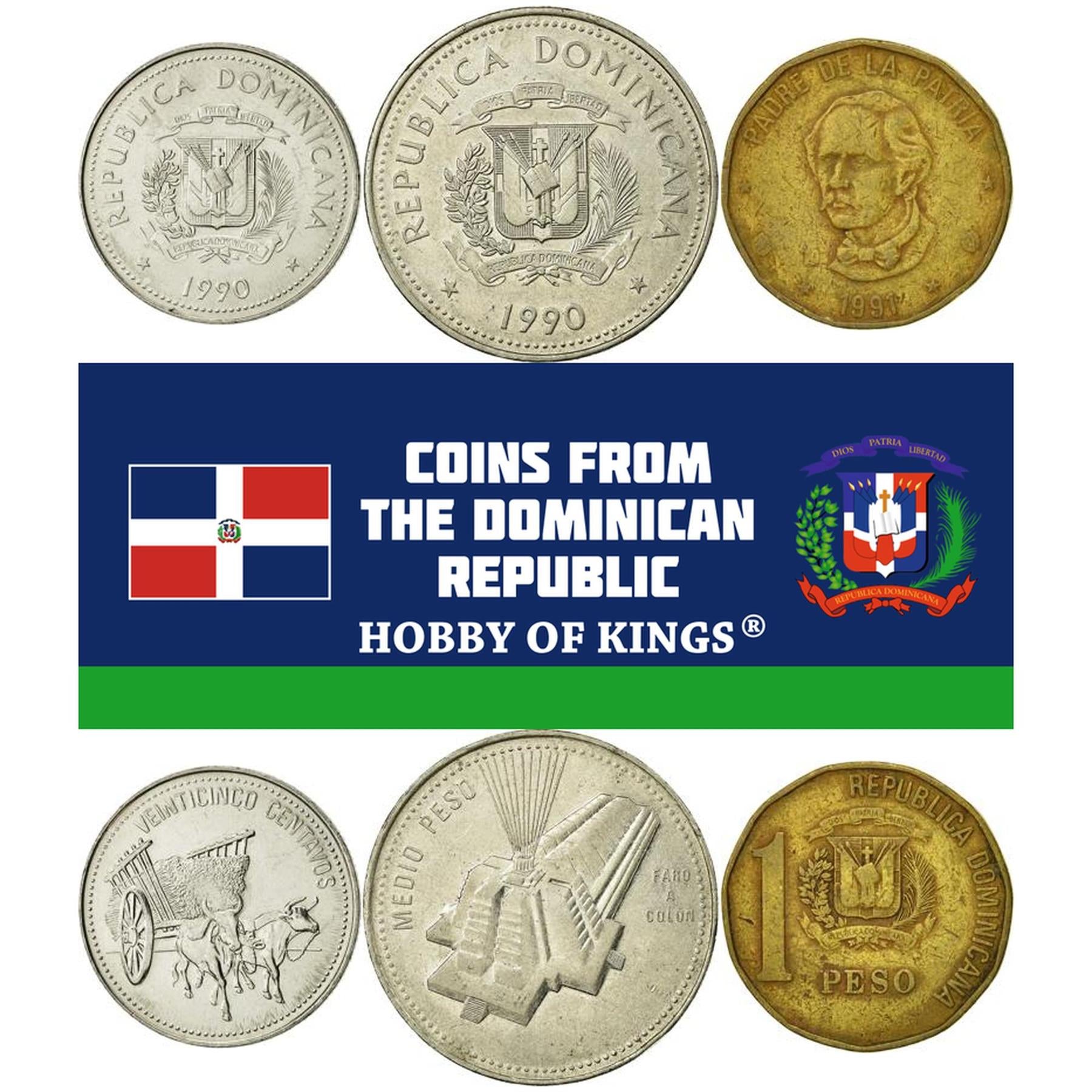Доминиканская Республика | Набор из 3 монет | 25 сентаво 1/2 1 песо | Волы | Телега | Маяк Колумба | Хуан Пабло Дуартe | 1990 - 1992