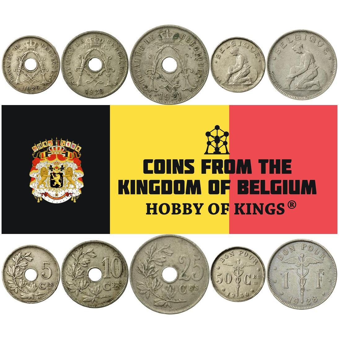 Belgium | 5 Coin Set | 5 10 25 50 Centimes 1 Franc | 1910 - 1934