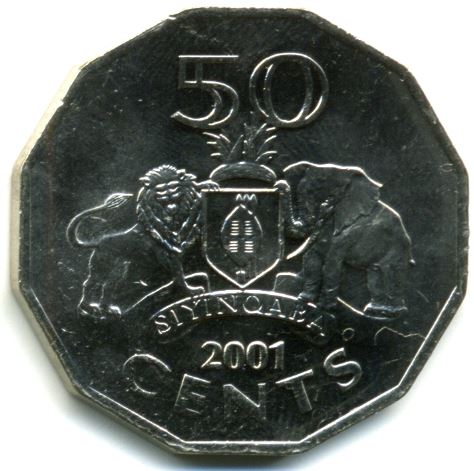 Kingdom of Swaziland | 50 Cents Coin | King Mswati III | Lion | Elephant | Km:52 | 1996 - 2007
