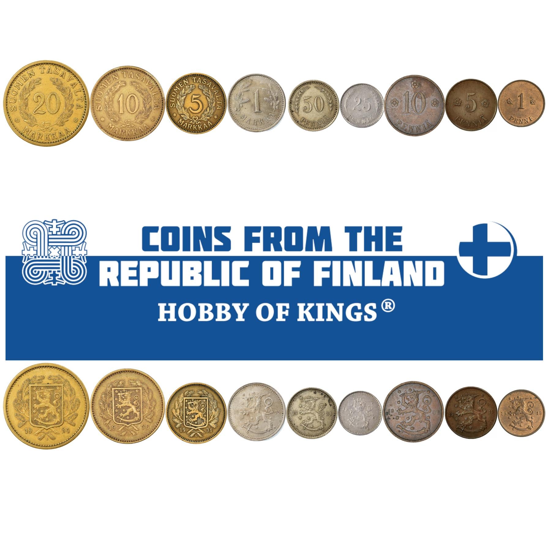 Finnish 9 Coin Set 1 5 10 25 50 Pennia 1 5 10 20 Markkaa | Rose | Finland | 1918 - 1940