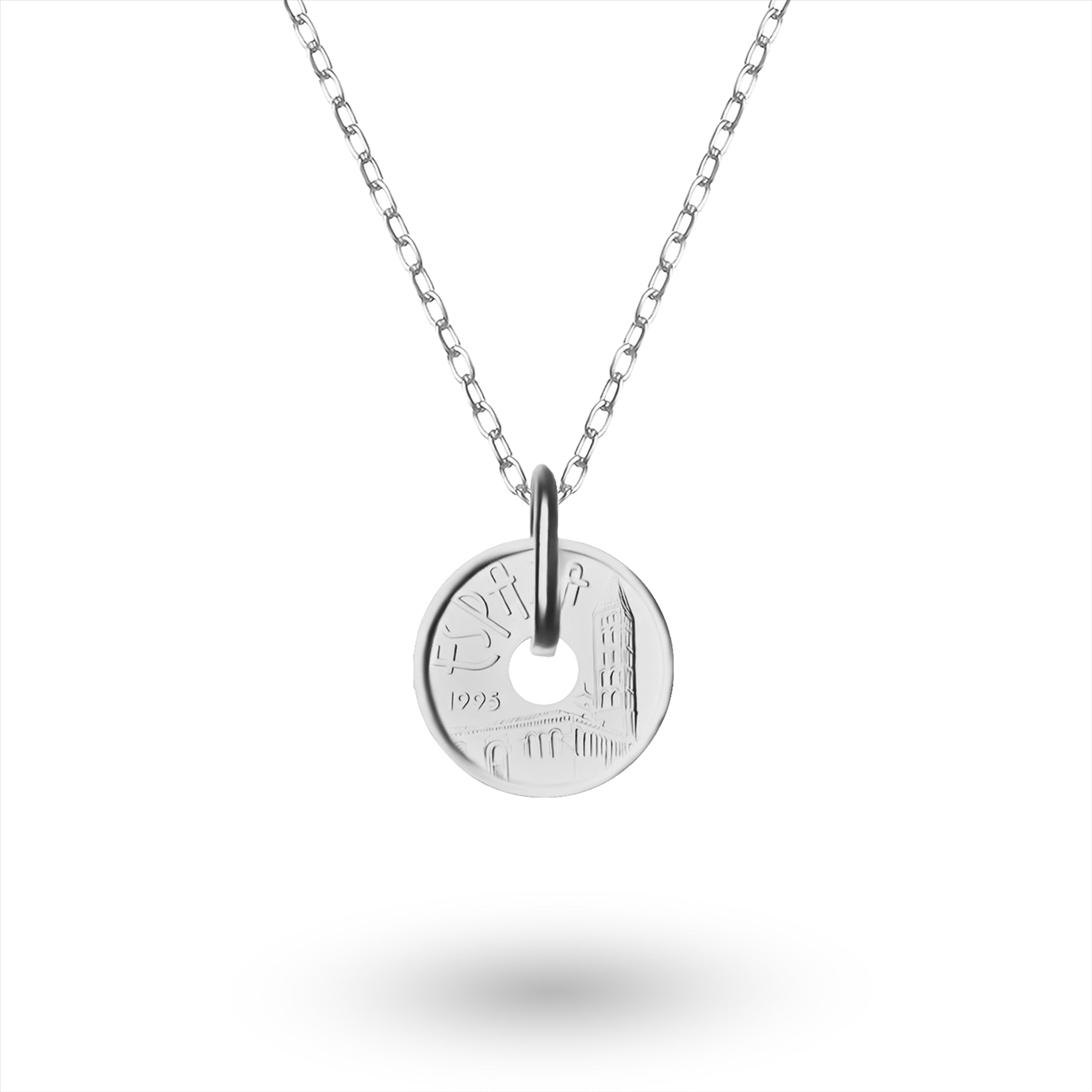 Spanish Coin Necklace | Medallion Pendant Jewelry | Rhodium Plated 5 Pesetas | Castile and Leon | 1995