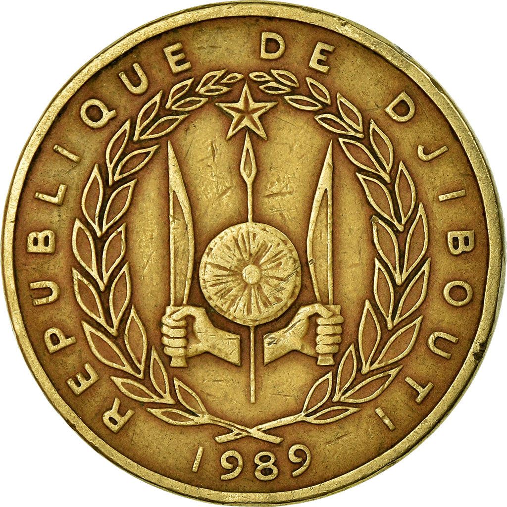 Djibouti | 500 Francs Coin | Knife | Spear | Shield | Laurel Wreath | Km:27 | 1989 - 2010