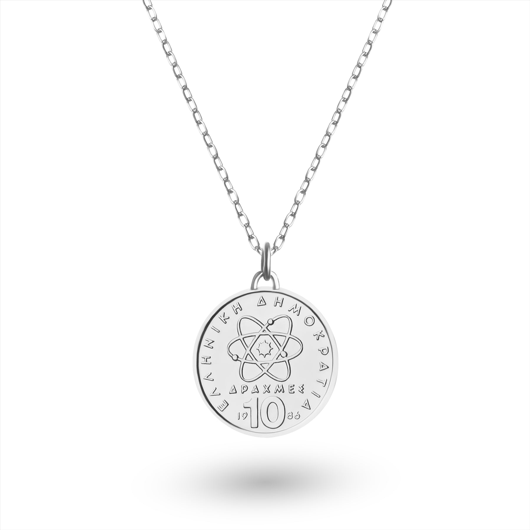 Greek Coin Necklace | Medallion Pendant Jewelry | Rhodium Plated 10 Drachmes | Democritus | 1976 - 2000