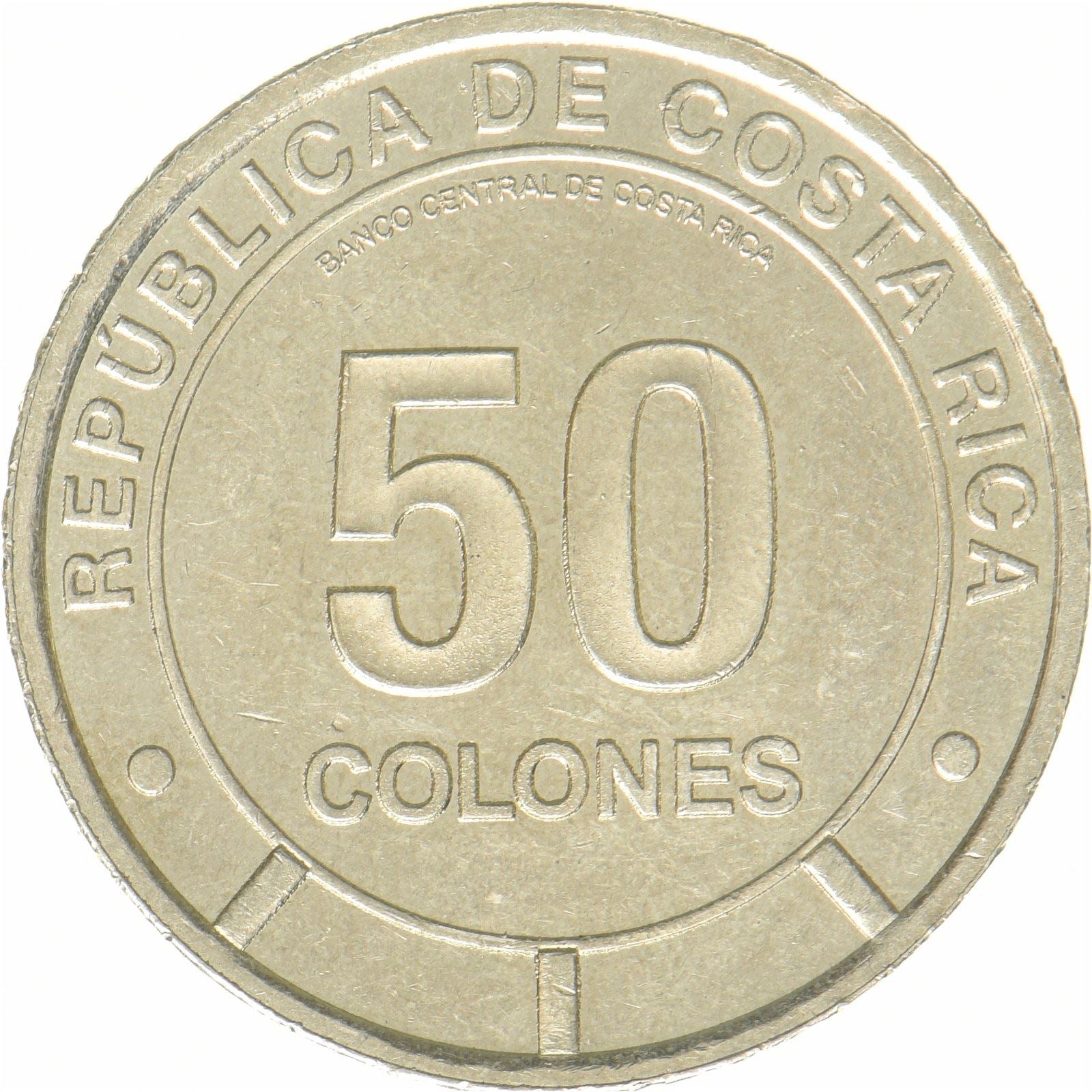 Costa Rica | 50 colón-mynt | Dice’s bomullshale | nikkelmessing | UC:226 | 2023