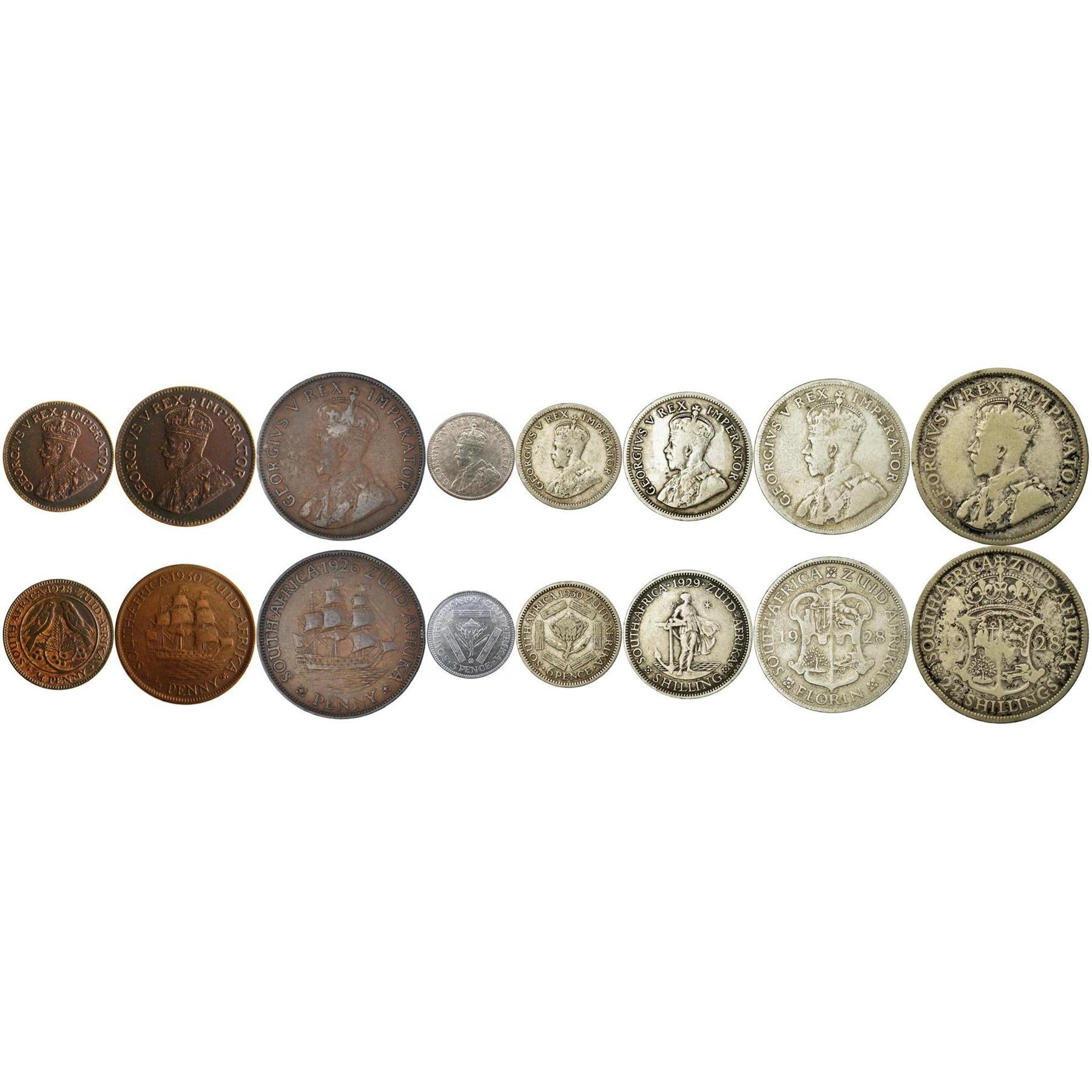 South Africa | 8 Coin Set | 1/4 1 Penny 1/2 Penny 3 6 Pence 1 Shilling 1 Florin 2 1/2 Shillings | 1925 - 1931