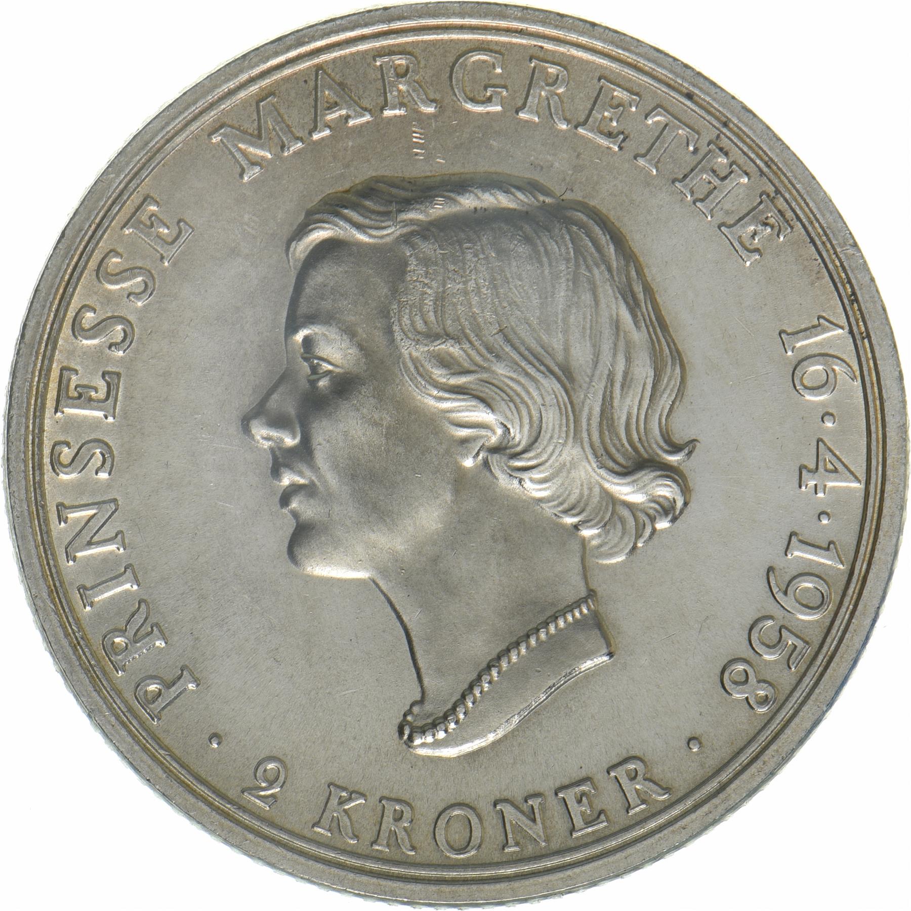 Denmark | 2 Kroner Coin | Silver | Princess Margrethe's 18th Birthday | KM:845 | 1958