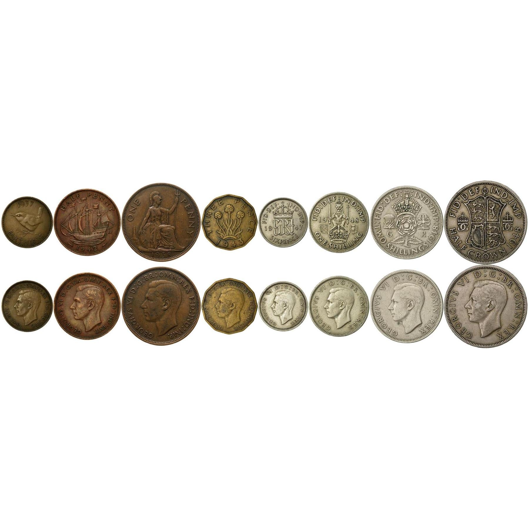 United Kingdom | 8 Coin Set | 1 Farthing 1/2 1 Penny 3 6 Pence 1 Shilling 2 Shillings 1/2 Crown | 1937 - 1948