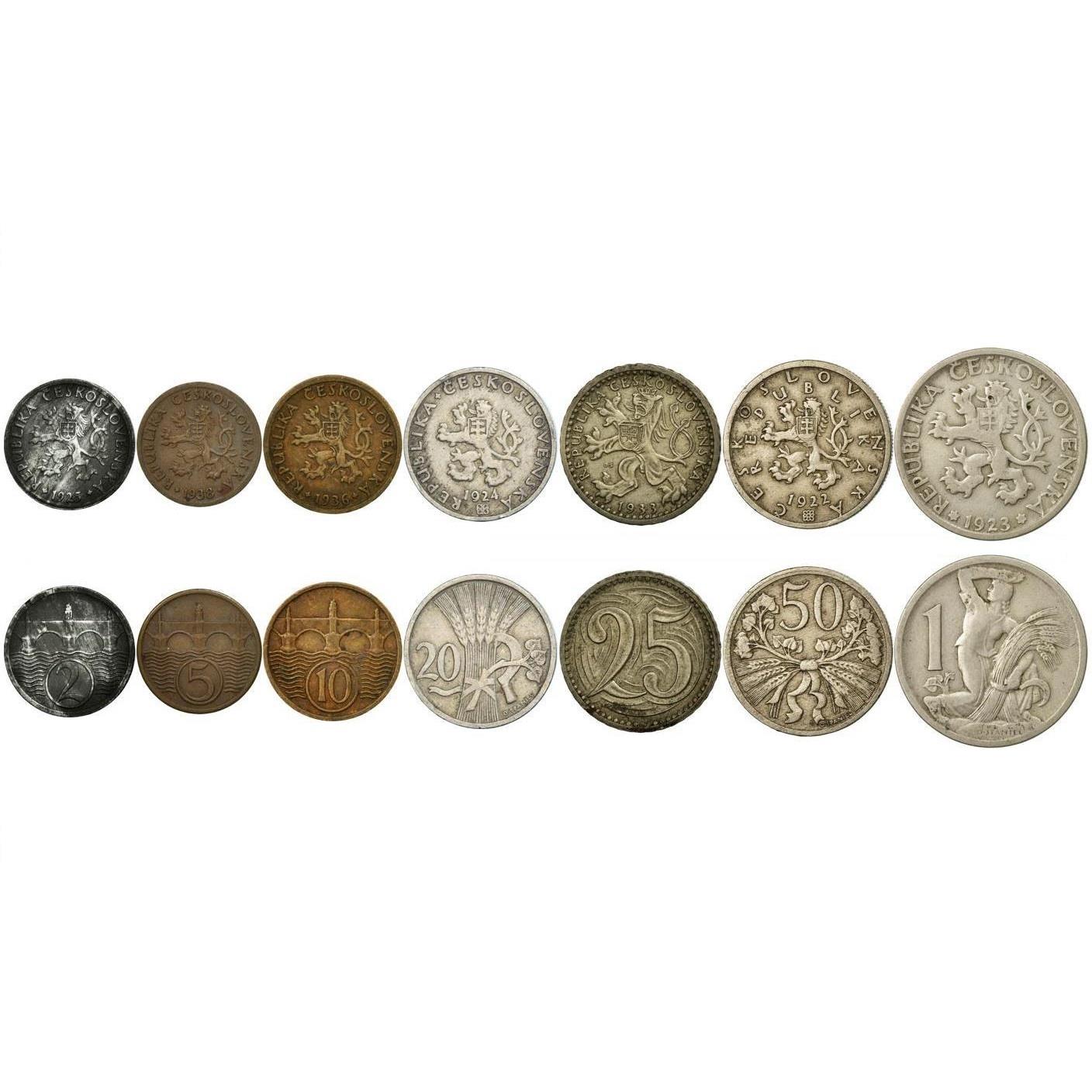 Czechoslovakia | 7 Coin Set | 2 5 10 20 25 50 Hellers 1 Koruna | Charles Bridge | Czech Lion |  1921 - 1938