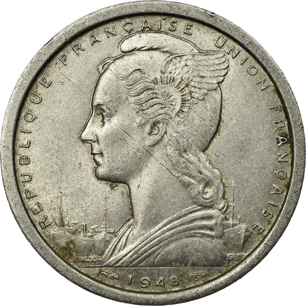 French Cameroon | 2 Francs Coin | Liberty | Phrygian cap | Gazelle | Ships | Km:9 | 1948