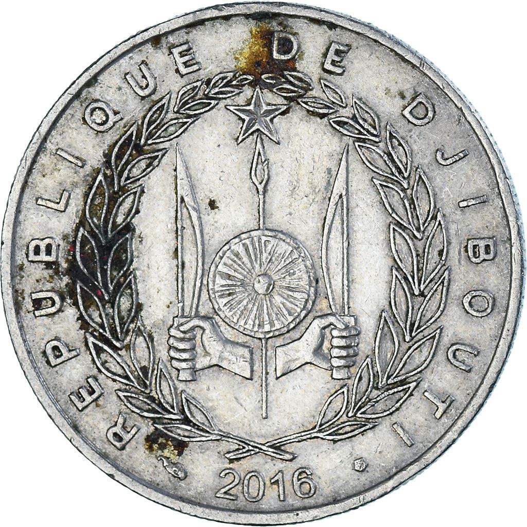 Djibouti | 50 Francs Coin | Knife | Spear | Shield | Dromedary Camels | Km:25 | 1977 - 2017