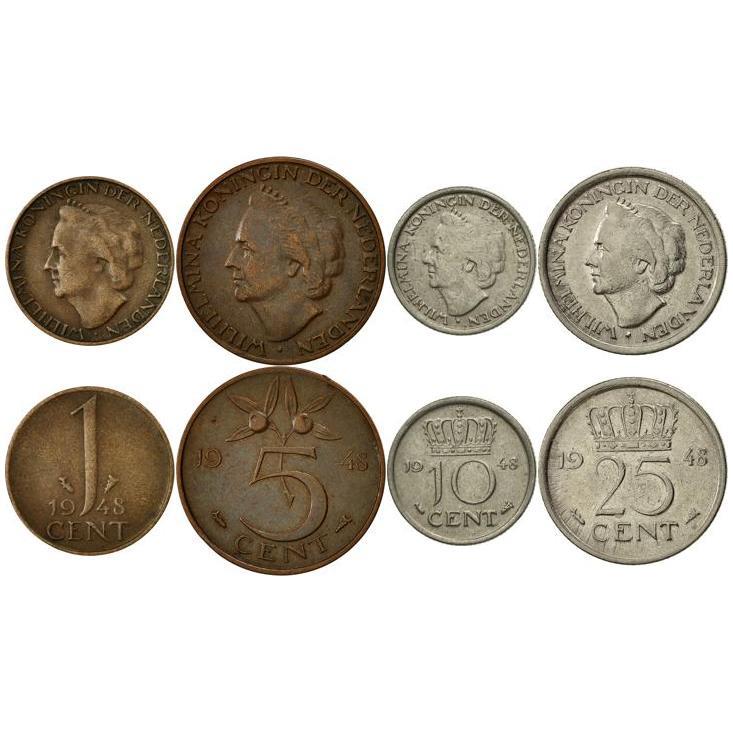 Netherlands | 4 Coin Set | 1 Cent 5 10 25 Cents | 1948
