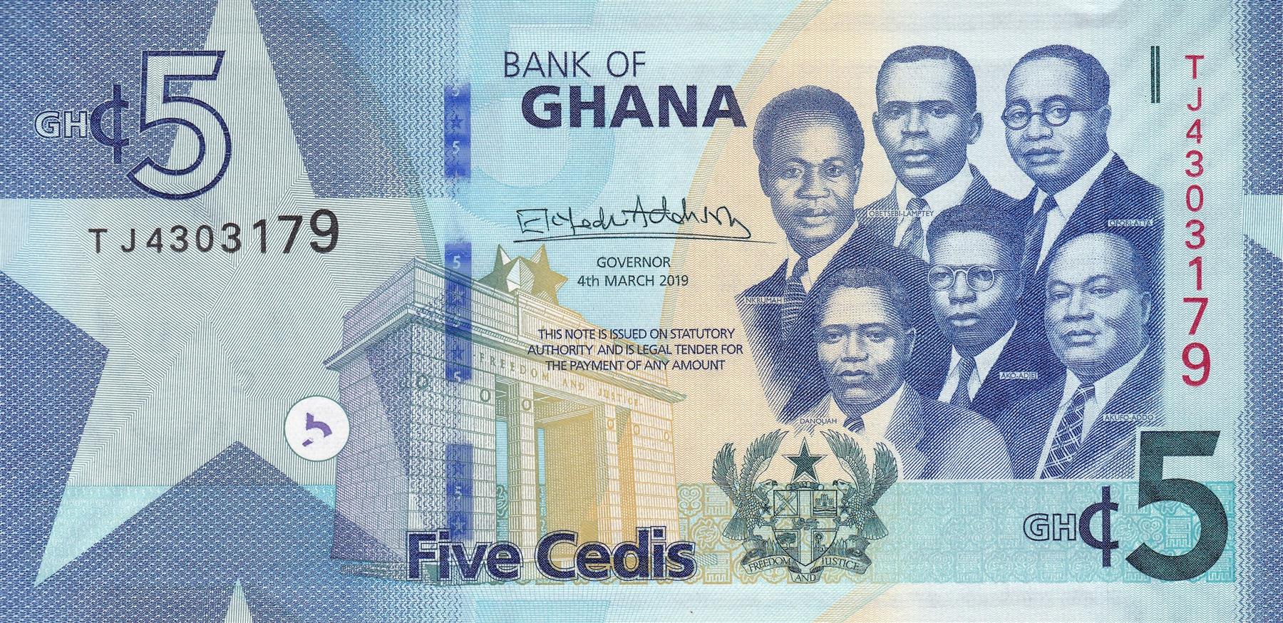Ghana | 5 Cedis Banknote | 2019 - 2022 | Big Six Leaders | Independence Arch | University of Ghana
