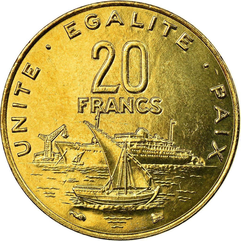 Djibouti | 20 Francs Coin | Knife | Spear | Shield | Dhow | Ocean Liner | Km:24 | 1977 - 2017