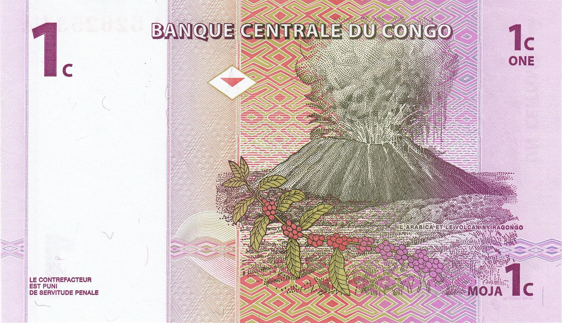 República Democrática del Congo | Billete de 1 céntimo | 1997 | Granos de café | Agricultor | Volcán Nyiragongo | Erupción